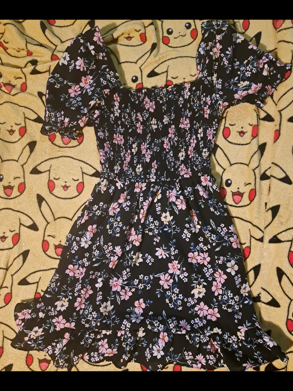 Floral Smocked Puff Sleeve Dress - Black with Pink Flowers